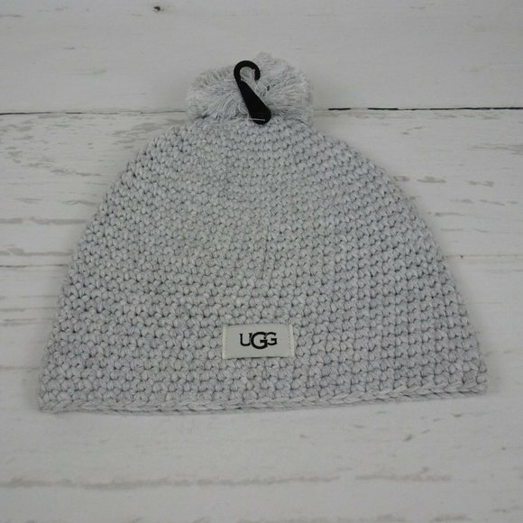New UGG Pom Pom Knit Beanie Women's Men's Unisex Wool-Blend Logo OS Heather Grey - Picture 2 of 10